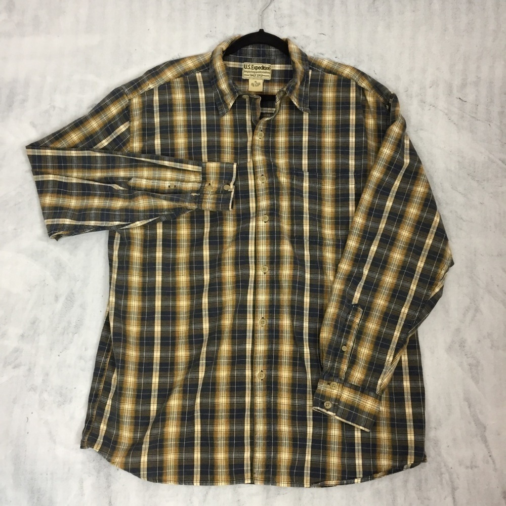 US Expedition Plaid Shirt Mens XL Long Sleeve Button Up Cotton Blue and Mustard